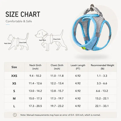 Breathable Mesh Dog and Cat Harness with Leash Set - No-Pull, Escape-Proof Vest with Reflective Strip for Small to Medium Pets - Adjustable Soft Padded Design for Walking and Training