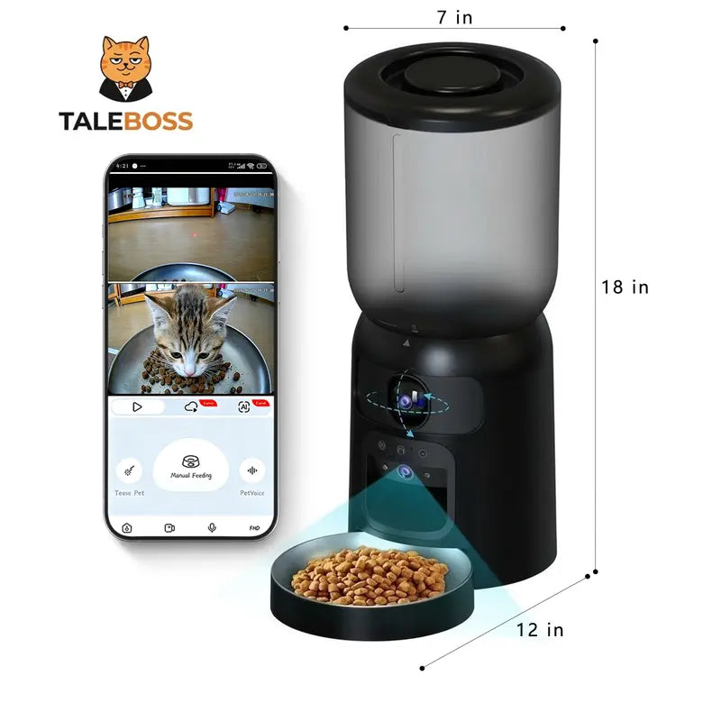 Taleboss Smart Automatic Cat Feeder with Camera, 5L Capacity, Laser Toy, 1080P HD Video, App Control, Night Vision, Dual Band WiFi, and Two-Way Audio