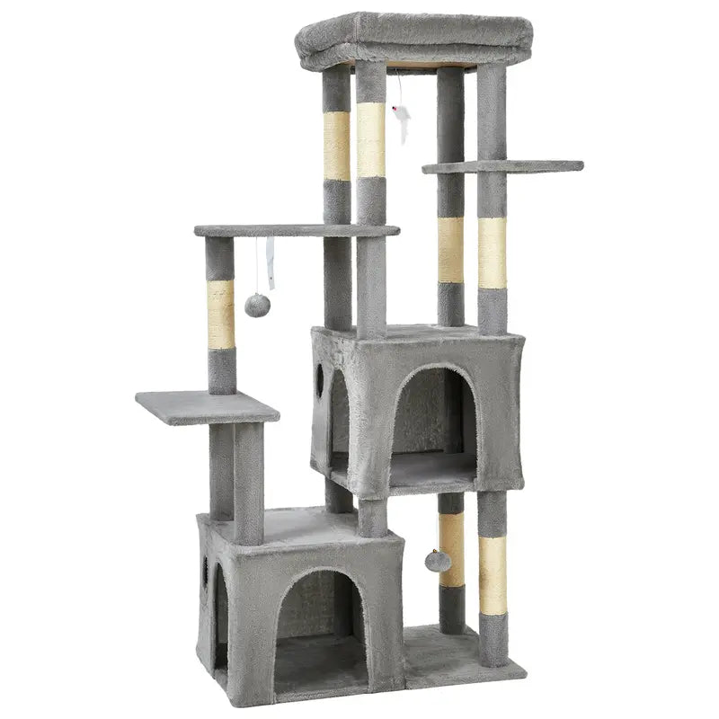 61-Inch Heavy-Duty Multi-Level Cat Tree Tower for Large Breeds - Featuring Jumbo Perch, Dual Spacious Condos, Durable Natural Sisal Scratching Posts, Hanging Toys, and Stable Playground - Stylish Home Decor in Green, Beige, and Pink