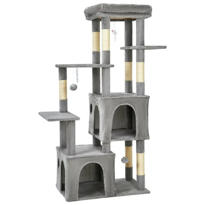 61-Inch Heavy-Duty Multi-Level Cat Tree Tower for Large Breeds - Featuring Jumbo Perch, Dual Spacious Condos, Durable Natural Sisal Scratching Posts, Hanging Toys, and Stable Playground - Stylish Home Decor in Green, Beige, and Pink