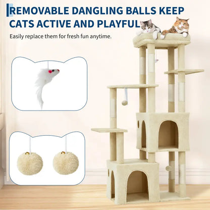 61-Inch Heavy-Duty Multi-Level Cat Tree Tower for Large Breeds - Featuring Jumbo Perch, Dual Spacious Condos, Durable Natural Sisal Scratching Posts, Hanging Toys, and Stable Playground - Stylish Home Decor in Green, Beige, and Pink