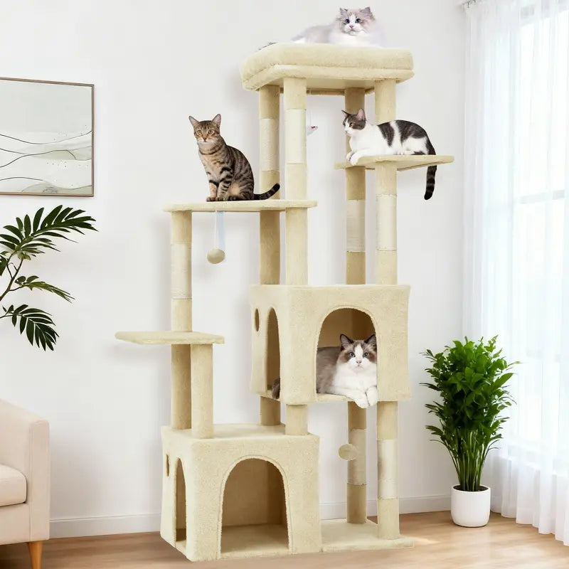 61-Inch Heavy-Duty Multi-Level Cat Tree Tower for Large Breeds - Featuring Jumbo Perch, Dual Spacious Condos, Durable Natural Sisal Scratching Posts, Hanging Toys, and Stable Playground - Stylish Home Decor in Green, Beige, and Pink