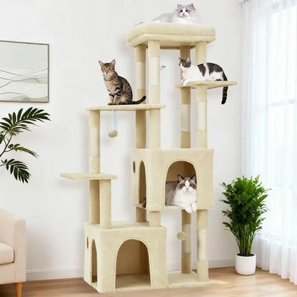 61-Inch Heavy-Duty Multi-Level Cat Tree Tower for Large Breeds - Featuring Jumbo Perch, Dual Spacious Condos, Durable Natural Sisal Scratching Posts, Hanging Toys, and Stable Playground - Stylish Home Decor in Green, Beige, and Pink