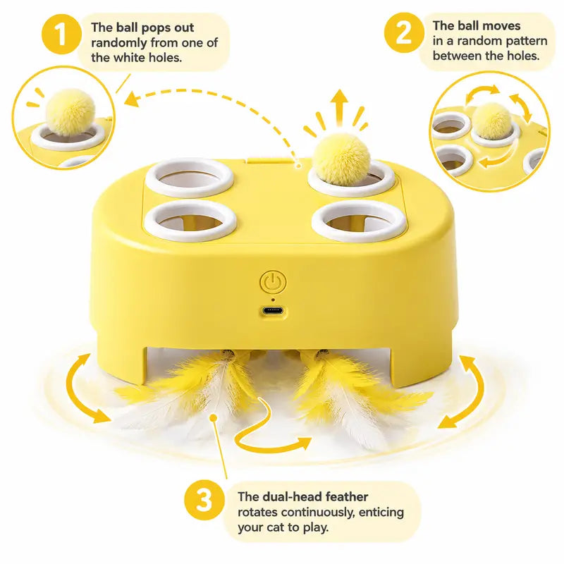 2-in-1 Interactive Cat Hunting Toy with Pop-Up Mice and Rotating Feather - USB-C Rechargeable to Alleviate Indoor Boredom for Cats