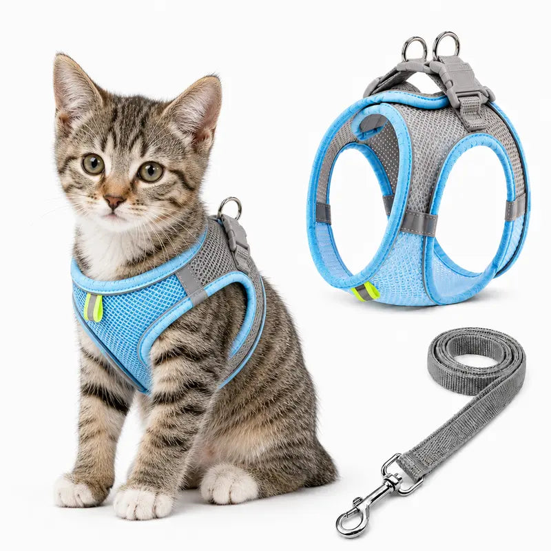 Breathable Mesh Dog and Cat Harness with Leash Set - No-Pull, Escape-Proof Vest with Reflective Strip for Small to Medium Pets - Adjustable Soft Padded Design for Walking and Training