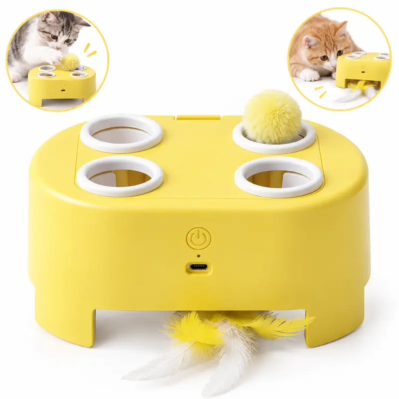 2-in-1 Interactive Cat Hunting Toy with Pop-Up Mice and Rotating Feather - USB-C Rechargeable to Alleviate Indoor Boredom for Cats