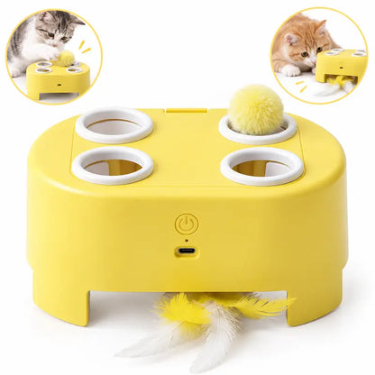 2-in-1 Interactive Cat Hunting Toy with Pop-Up Mice and Rotating Feather - USB-C Rechargeable to Alleviate Indoor Boredom for Cats