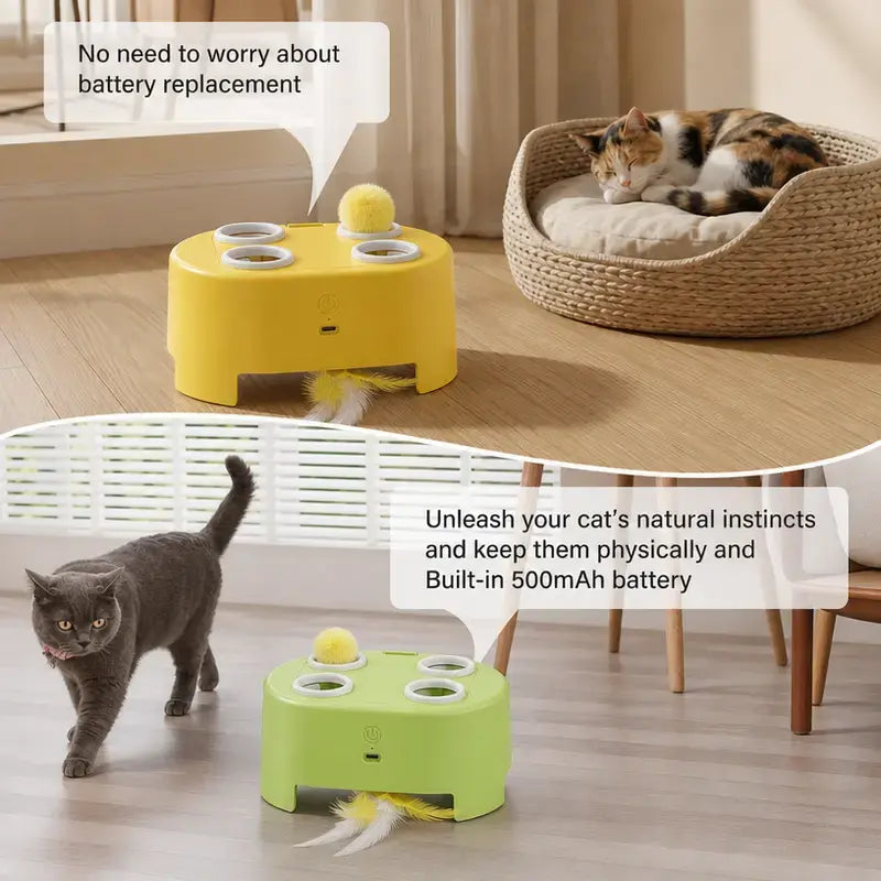 2-in-1 Interactive Cat Hunting Toy with Pop-Up Mice and Rotating Feather - USB-C Rechargeable to Alleviate Indoor Boredom for Cats