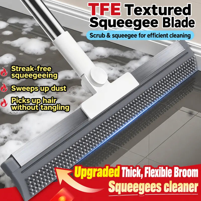 Pet Hair Remover Broom 2-In-1, Rubber Squeegee Broom with 6-Row Bristles, Handheld Carpet Rake for Dog Cat Hair on Carpet Sofa Rug, Water Sweeper for Tile Floor Glass, 16 Inch,Brush,Double-Sided,