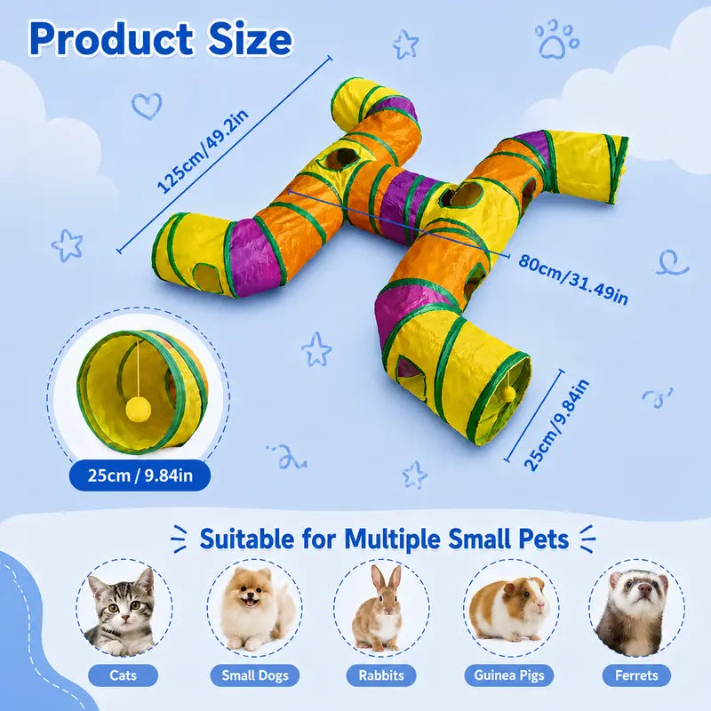 14-Way Interactive H-Shape Cat Tunnel with Peek Holes and Ball - Foldable and Collapsible Play Toy for Cats, Rabbits, Ferrets, and Small Animals