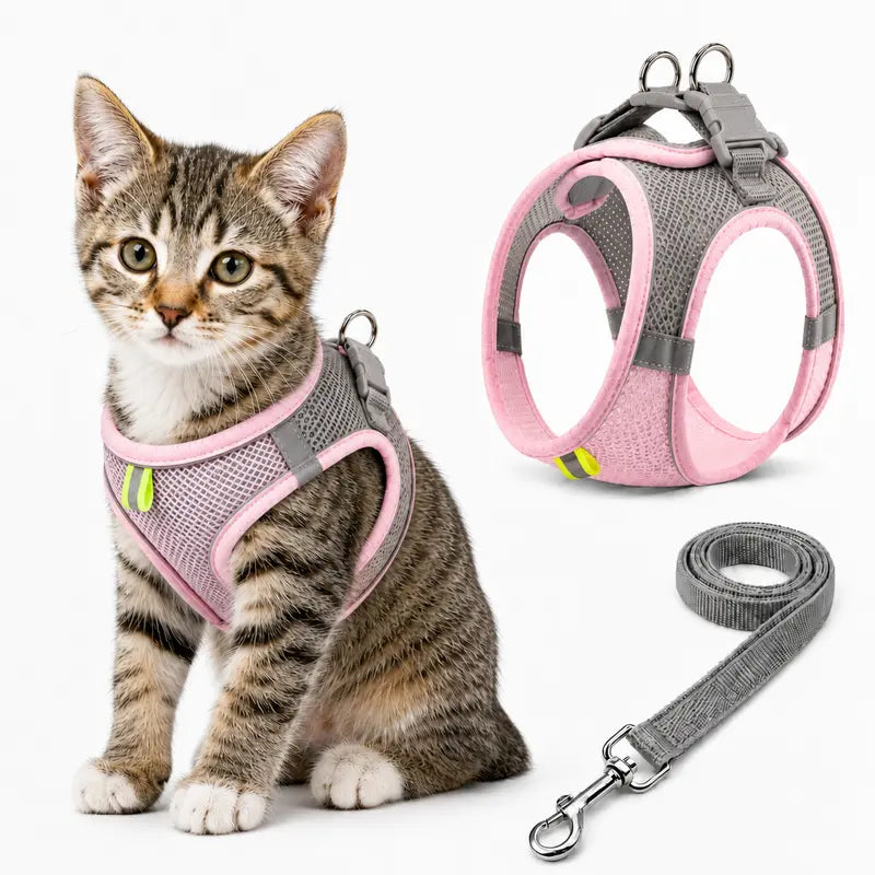 Breathable Mesh Dog and Cat Harness with Leash Set - No-Pull, Escape-Proof Vest with Reflective Strip for Small to Medium Pets - Adjustable Soft Padded Design for Walking and Training