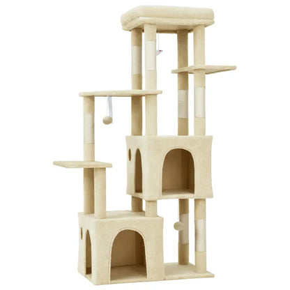 61-Inch Heavy-Duty Multi-Level Cat Tree Tower for Large Breeds - Featuring Jumbo Perch, Dual Spacious Condos, Durable Natural Sisal Scratching Posts, Hanging Toys, and Stable Playground - Stylish Home Decor in Green, Beige, and Pink