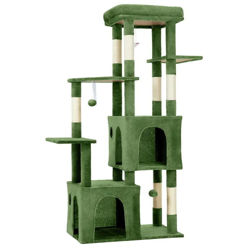 61-Inch Heavy-Duty Multi-Level Cat Tree Tower for Large Breeds - Featuring Jumbo Perch, Dual Spacious Condos, Durable Natural Sisal Scratching Posts, Hanging Toys, and Stable Playground - Stylish Home Decor in Green, Beige, and Pink