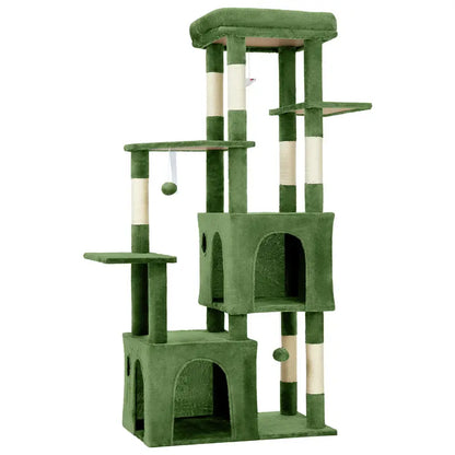 61-Inch Heavy-Duty Multi-Level Cat Tree Tower for Large Breeds - Featuring Jumbo Perch, Dual Spacious Condos, Durable Natural Sisal Scratching Posts, Hanging Toys, and Stable Playground - Stylish Home Decor in Green, Beige, and Pink