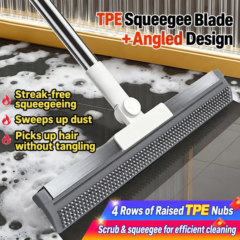 Pet Hair Remover Broom 2-In-1, Rubber Squeegee Broom with 6-Row Bristles, Handheld Carpet Rake for Dog Cat Hair on Carpet Sofa Rug, Water Sweeper for Tile Floor Glass, 16 Inch,Brush,Double-Sided,