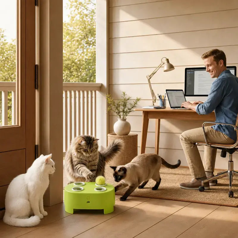 2-in-1 Interactive Cat Hunting Toy with Pop-Up Mice and Rotating Feather - USB-C Rechargeable to Alleviate Indoor Boredom for Cats