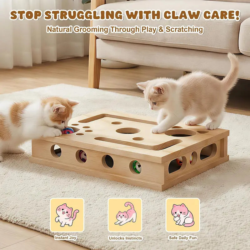 LIVANIRA Universal Wooden Cat Scratch and File Enrichment Box - Claw Care Puzzle Toy with Replaceable Filing Pad, Spacious Scratch Area, Treat Compartments, and Three Toy Balls for Indoor Cats