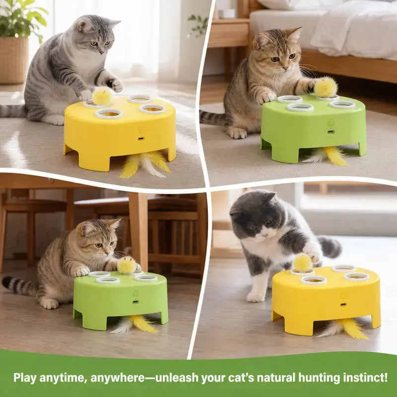 2-in-1 Interactive Cat Hunting Toy with Pop-Up Mice and Rotating Feather - USB-C Rechargeable to Alleviate Indoor Boredom for Cats