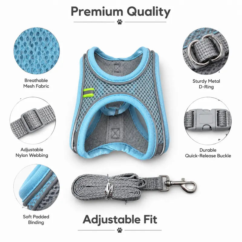 Breathable Mesh Dog and Cat Harness with Leash Set - No-Pull, Escape-Proof Vest with Reflective Strip for Small to Medium Pets - Adjustable Soft Padded Design for Walking and Training