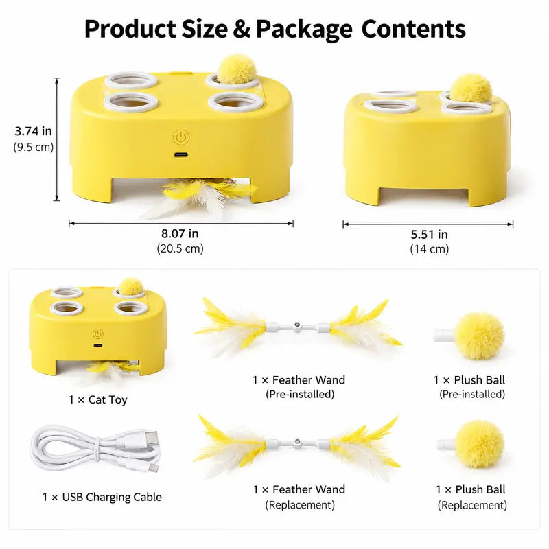 2-in-1 Interactive Cat Hunting Toy with Pop-Up Mice and Rotating Feather - USB-C Rechargeable to Alleviate Indoor Boredom for Cats