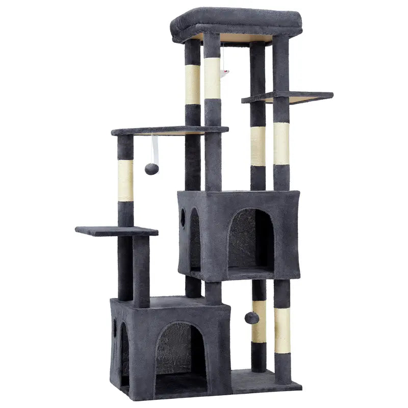 61-Inch Heavy-Duty Multi-Level Cat Tree Tower for Large Breeds - Featuring Jumbo Perch, Dual Spacious Condos, Durable Natural Sisal Scratching Posts, Hanging Toys, and Stable Playground - Stylish Home Decor in Green, Beige, and Pink