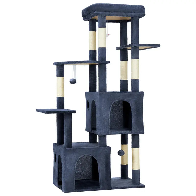 61-Inch Heavy-Duty Multi-Level Cat Tree Tower for Large Breeds - Featuring Jumbo Perch, Dual Spacious Condos, Durable Natural Sisal Scratching Posts, Hanging Toys, and Stable Playground - Stylish Home Decor in Green, Beige, and Pink