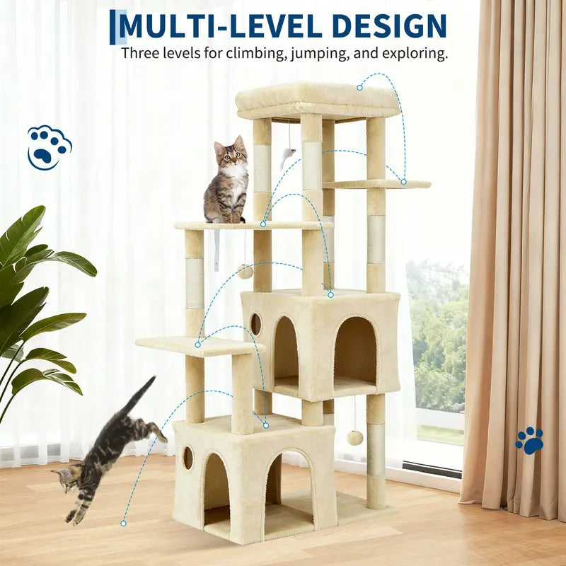 61-Inch Heavy-Duty Multi-Level Cat Tree Tower for Large Breeds - Featuring Jumbo Perch, Dual Spacious Condos, Durable Natural Sisal Scratching Posts, Hanging Toys, and Stable Playground - Stylish Home Decor in Green, Beige, and Pink