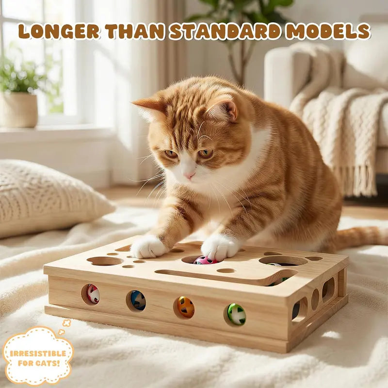 LIVANIRA Universal Wooden Cat Scratch and File Enrichment Box - Claw Care Puzzle Toy with Replaceable Filing Pad, Spacious Scratch Area, Treat Compartments, and Three Toy Balls for Indoor Cats