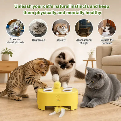 2-in-1 Interactive Cat Hunting Toy with Pop-Up Mice and Rotating Feather - USB-C Rechargeable to Alleviate Indoor Boredom for Cats