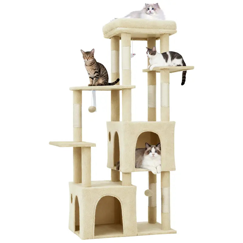 61-Inch Heavy-Duty Multi-Level Cat Tree Tower for Large Breeds - Featuring Jumbo Perch, Dual Spacious Condos, Durable Natural Sisal Scratching Posts, Hanging Toys, and Stable Playground - Stylish Home Decor in Green, Beige, and Pink