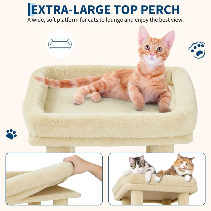 61-Inch Heavy-Duty Multi-Level Cat Tree Tower for Large Breeds - Featuring Jumbo Perch, Dual Spacious Condos, Durable Natural Sisal Scratching Posts, Hanging Toys, and Stable Playground - Stylish Home Decor in Green, Beige, and Pink