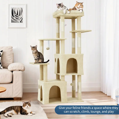 61-Inch Heavy-Duty Multi-Level Cat Tree Tower for Large Breeds - Featuring Jumbo Perch, Dual Spacious Condos, Durable Natural Sisal Scratching Posts, Hanging Toys, and Stable Playground - Stylish Home Decor in Green, Beige, and Pink