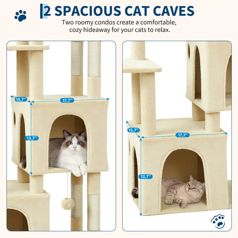 61-Inch Heavy-Duty Multi-Level Cat Tree Tower for Large Breeds - Featuring Jumbo Perch, Dual Spacious Condos, Durable Natural Sisal Scratching Posts, Hanging Toys, and Stable Playground - Stylish Home Decor in Green, Beige, and Pink