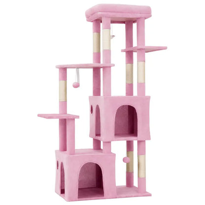 61-Inch Heavy-Duty Multi-Level Cat Tree Tower for Large Breeds - Featuring Jumbo Perch, Dual Spacious Condos, Durable Natural Sisal Scratching Posts, Hanging Toys, and Stable Playground - Stylish Home Decor in Green, Beige, and Pink